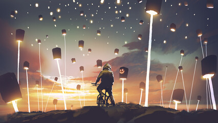 Man op fiets in een land vol lantaarns, digitale kunststijl, illustratie, schilderkunst