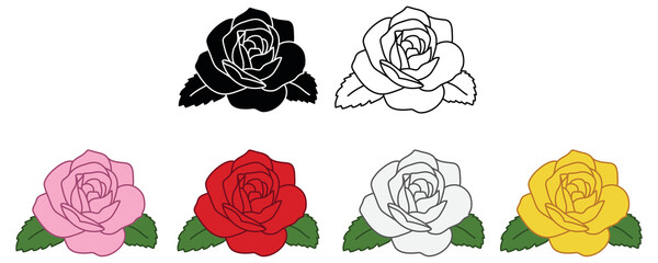 Rose Flower Clipart Set - Outline, Silhouette and Color