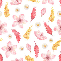 Watercolor seamless pattern with  pink flowers, mimosa and daisy. Hand-drawn spring texture for International Women's Day 