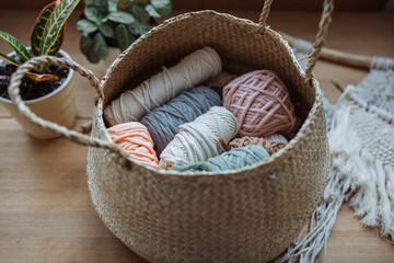 Obraz premium Flatley of products from macrame threads on a wooden background