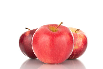 Three ripe red apples, macro, isolated on white background.