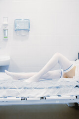 Surgery compression stockings. Empty interior operating room and modern equipment in hospital....