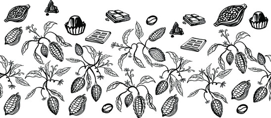 Cocoa fruits on the branches. Stylized seamless pattern.