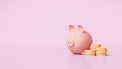 Coins and a pig piggy bank on a pink background. 3d render illustration.