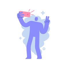 Flat modern character holds a smartphone in his hand, taking a selfie on the front camera. lifestyle, social media, mobile concept. Business illustration with man taking part in business activities