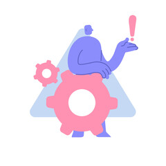 Flat modern character stands near a large gear with an exclamation mark. error warning. service for optimization system. Business Concept illustration with man taking part in business activities