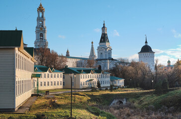 Sergiev Posad, Russia - Holy Trinity Sergius Lavra Cathedral, Kalichya tower and monastery hotel.