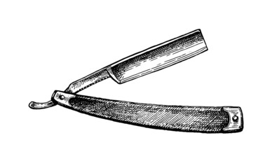 Folding straight razor ink sketch. - 487173088