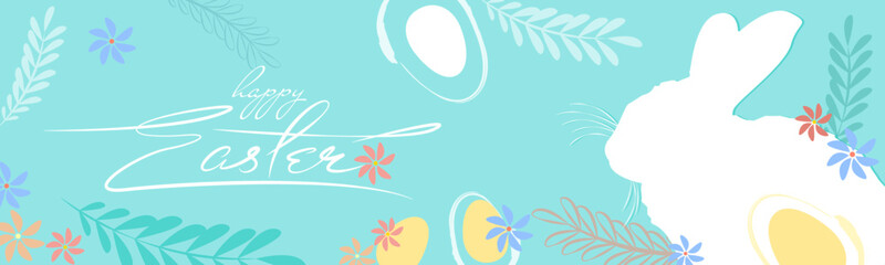 Fototapeta na wymiar Blue easter banner with bunny and eggs
