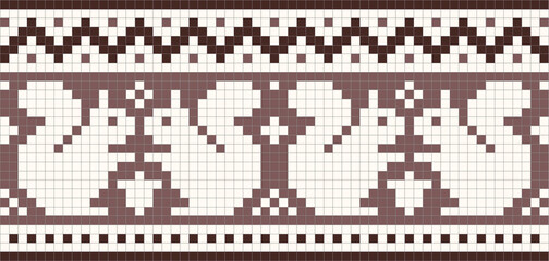 Fototapeta na wymiar Nordic Squirrel knitting seamless pattern, traditional christmas knitted border, vector geometric background