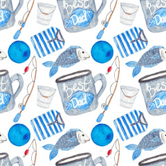 Watercolor pattern, mug, vest, fishing rod. Pattern on a white background for men, father, father's day, birthday, etc.