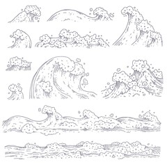 Vector set waves sea ocean. Big and small bursts splash with foam and bubbles. Outline doddle sketch black white illustration.