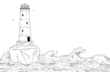 Lighthouse on island among stormy sea waves. Seascape with signal tower searchlight and water for banner design. Vector black white line doodle illustration.