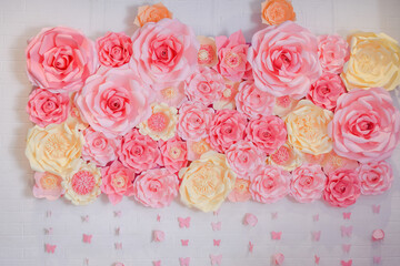 paper flowers. pink, white, orange flowers paper background pattern lovely style. Rose from paper.