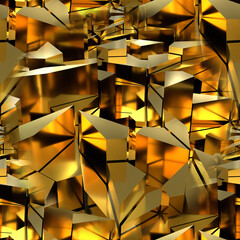 Seamless texture with clear golden elements and golden highlights. Yellow background with broken gold. 3D image. Broken metal surface.