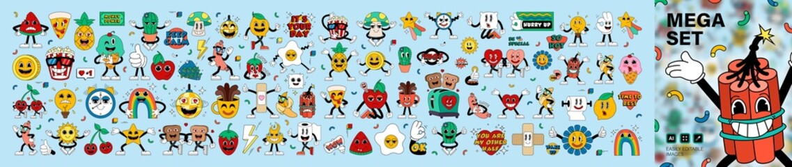 Mega set retro cartoon stickers with funny comic characters, gloved hands. Contemporary illustration with cute comic book characters. Hand drawn doodle comic characters. Contemporary cartoon style set
