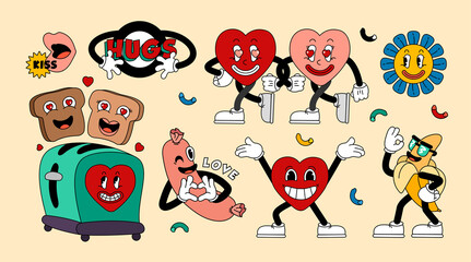 Retro cartoon stickers with funny comic characters, gloved hands. Contemporary illustration of comic hearts, sausage, toaster, banana, flower, kiss lips, toasts, hugs, love