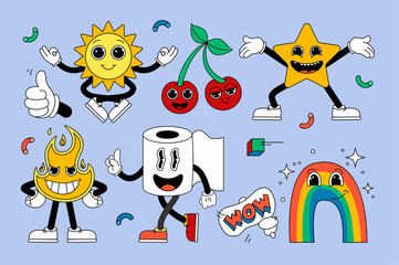 Retro cartoon stickers with funny comic characters, gloved hands. Contemporary illustration with cute comic book characters. Doodle Comic characters. Cartoon style.