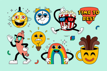 Retro cartoon stickers with funny comic characters, gloved hands. Contemporary illustration with cute comic book characters. Doodle Comic characters. Cartoon style set.