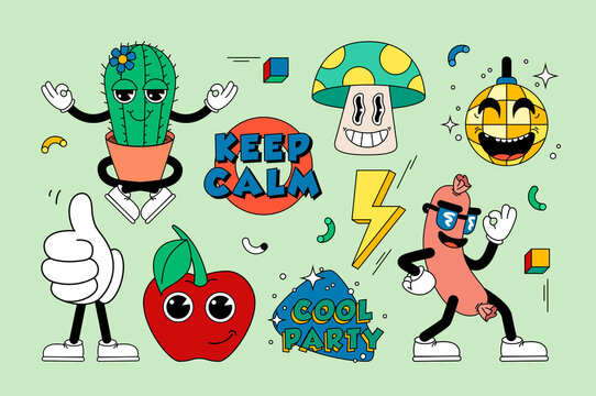 Retro cartoon stickers with funny comic characters, gloved hands. Contemporary illustration with cute comic book characters. Doodle Comic characters. Cartoon style.