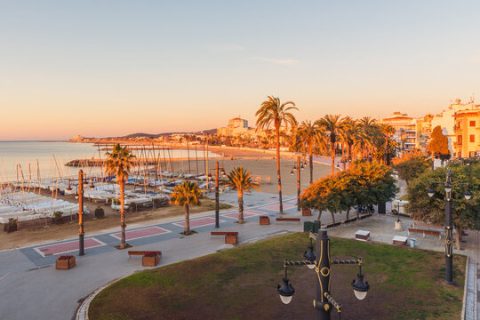 High Angle View on Sitges, Barcelona Province,  Catalonia, Spain around sunrise