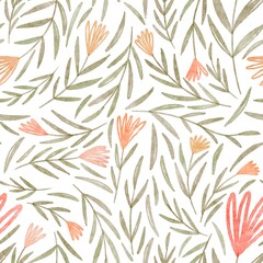 Watercolor seamless pattern with bright red flowers and leaves on white background