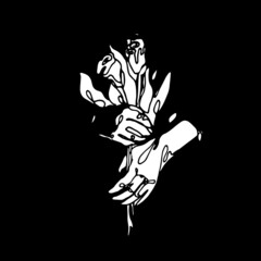 Hands holding flowers on black background