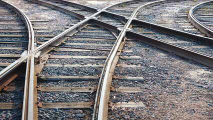 Railway or railroad tracks for train transportation, toned.	
