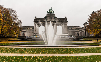 Brussels, Belgium - 11 11 2018: View over the fountain and the arcades at the Cinquentenaire park...