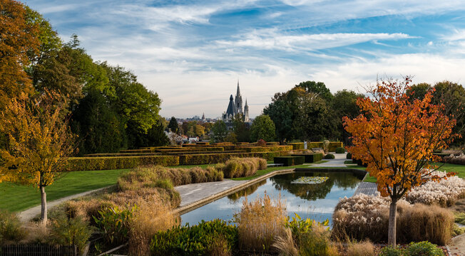 Laeken, Brussels / Belgium - 11 06 2018: Panoramic view over the royal gardens of Stuyvenbergh