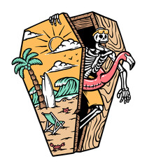 skull to the beach in a coffin illustration