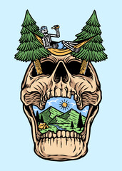 the skull is relaxing on the mountain illustration