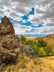 Views of the Rocky Mountains with Rock Formation and Aspen Trees