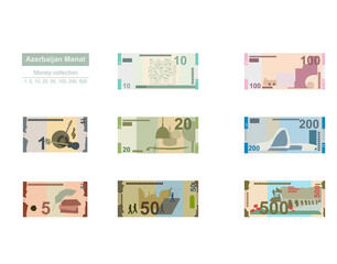 Azerbaijan Manat Vector Illustration. Azerbaijani money set bundle banknotes. Paper money 1, 5, 10, 20, 50, 100, 200, 500 AZN. Flat style. Isolated on white background. Simple minimal design.
