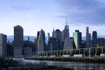 Skyline of financial district in New York City with modern office buildings