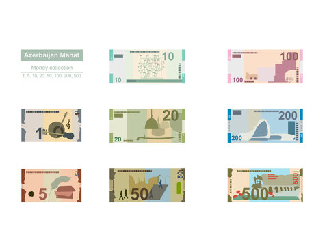 Azerbaijan Manat Vector Illustration. Azerbaijani money set bundle banknotes. Paper money 1, 5, 10, 20, 50, 100, 200, 500 AZN. Flat style. Isolated on white background. Simple minimal design.