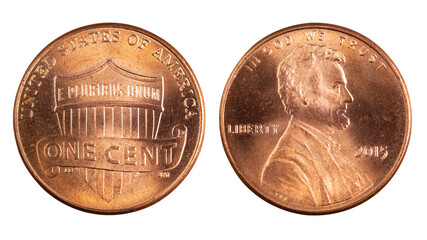 One Cent coin both sides. Money United States of America. American cash. Financial marketplaces. US Bank. Metallic copper circle coin. High quality macro photo. Isolated white background. 