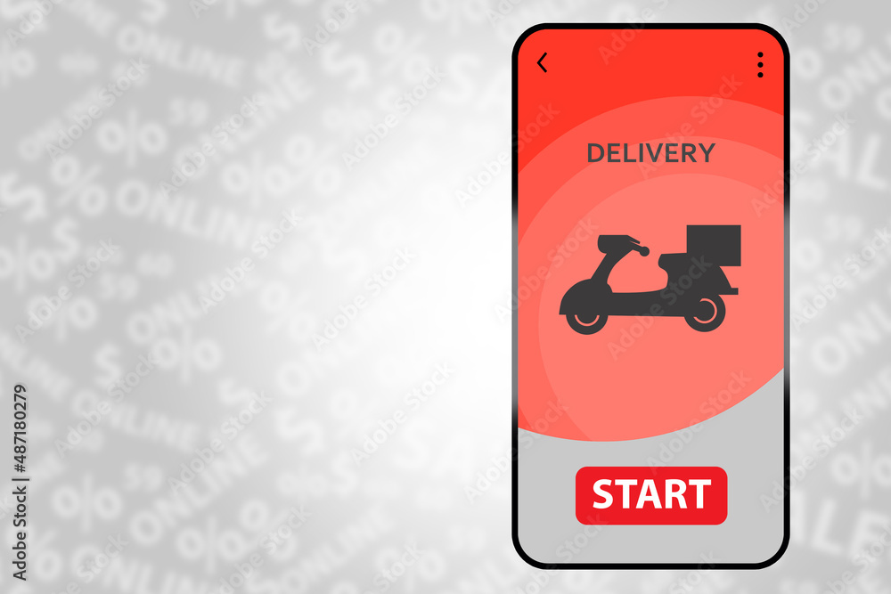 Poster delivery apps in phone. delivery apps interface with scooter logo. concept is courier application. c