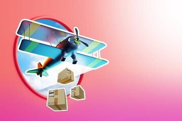 Boxes fall from plane. Airmail metaphor. Sending parcels by plane. Air cargo transportation....