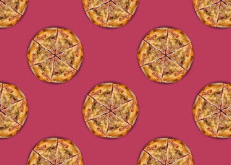 Pizza on a pink background. Seamless pattern with cut pizza with bacon.