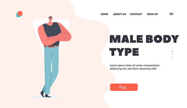 Male Character Figure Type Landing Page Template. Man with Inverted Triangle Body Shape Posing in Blue Jeans and Single