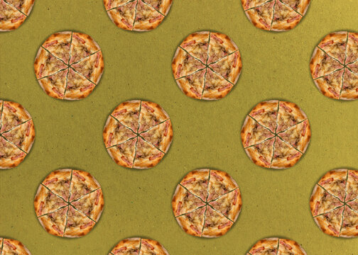 Pizza on a yellow background. Seamless pattern with cut pizza with bacon.