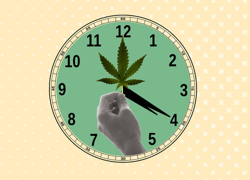 4: 20. The concept of the Cannabis culture.Four-twenty culture. Hand holds Watch with a cannabis. Digital collage modern art
