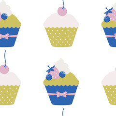 Seamless vector muffin cake pattern. Food repeat background for fabric, textile, wrapping, cover etc. 