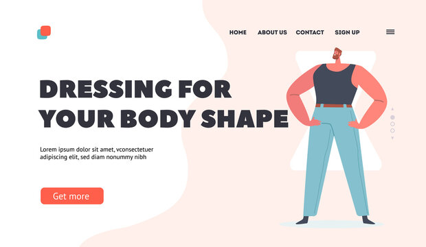 Man with Hourglass Body Shape Landing Page Template. Character Figure Type with Wide Shoulders, Hips and Narrow Waist