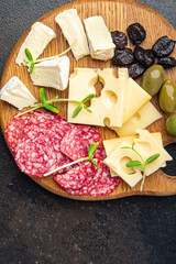 snack plate cheese, sausage, olive, bread stick fresh appetizer healthy meal food diet snack on the table copy space food background rustic 