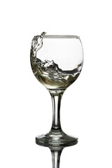 A glass glass with white wine on a white background