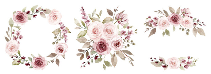 Fototapeta na wymiar Wreaths, floral frames, watercolor flowers pink roses, Illustration hand painted. Isolated on white background. Perfectly for greeting card design.