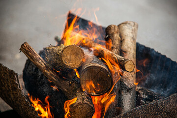Fire texture, burning pieces of firewood, medium shot
