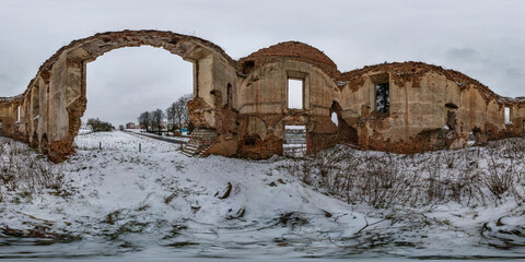 full winter hdri panorama 360 degrees angle view inside ruins of old abandoned catholic church in...